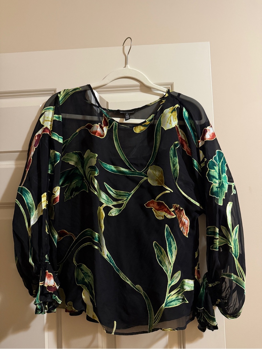 White House Black Market Black Sheer Blouse with Green Floral Print